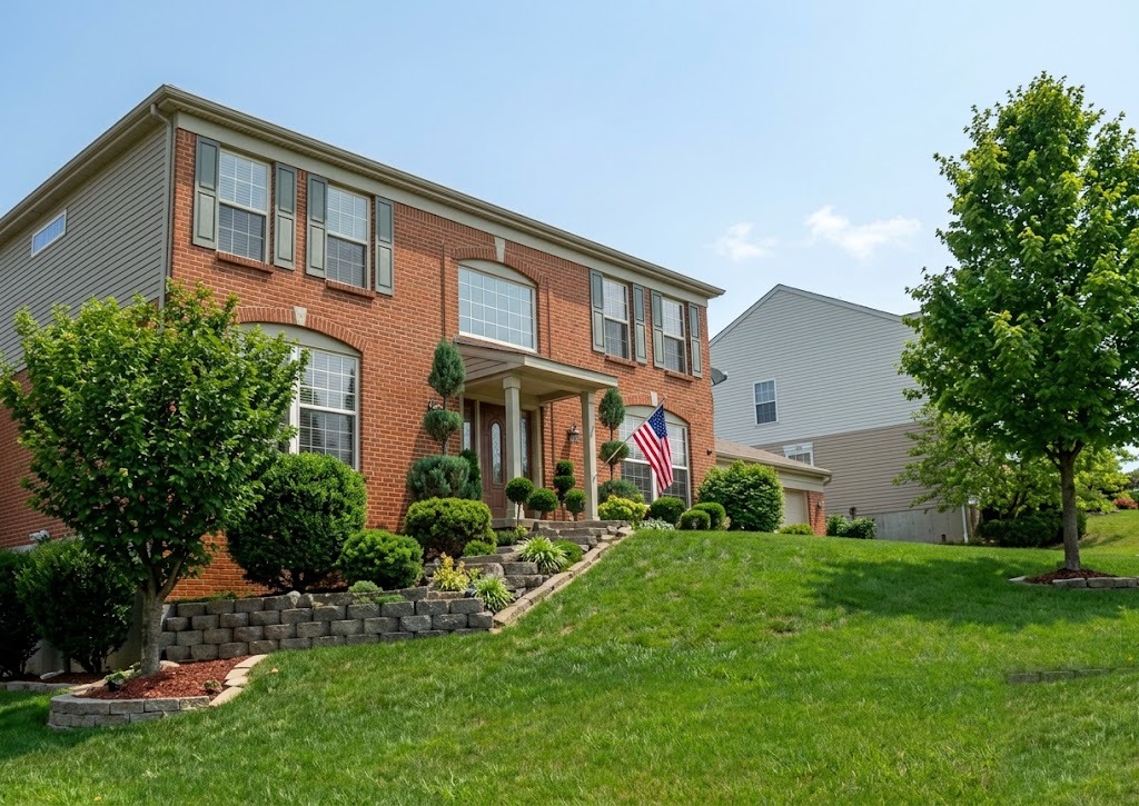 Brick colonial with retaining wall and foundation plantings by A&L Landscaping